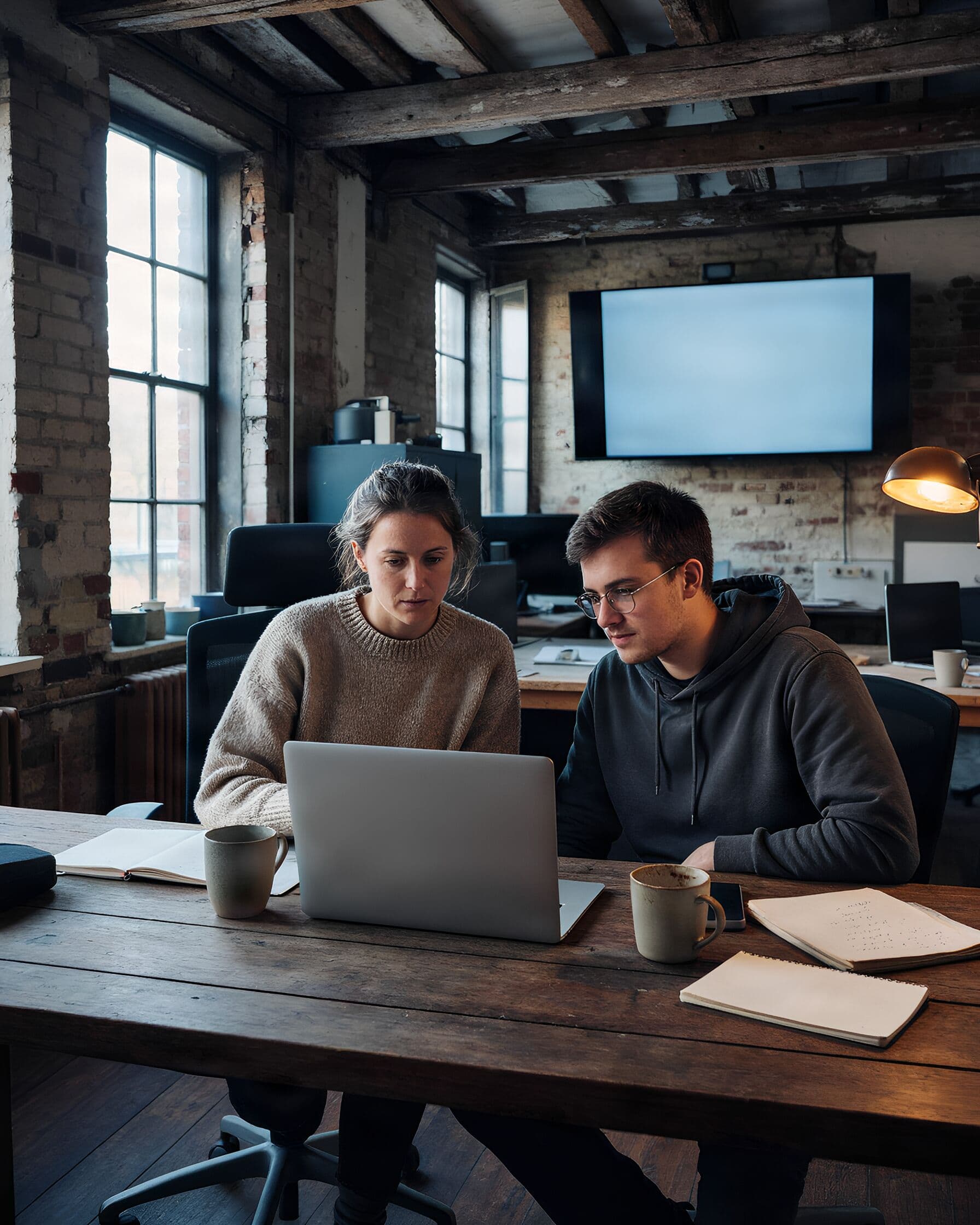 Zwei Kolleginnen und Kollegen schauen gemeinsam auf Zahlen am Laptop.